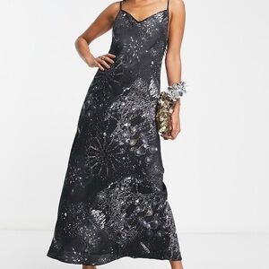 AllSaints Bryony Liza satin midi dress in black print